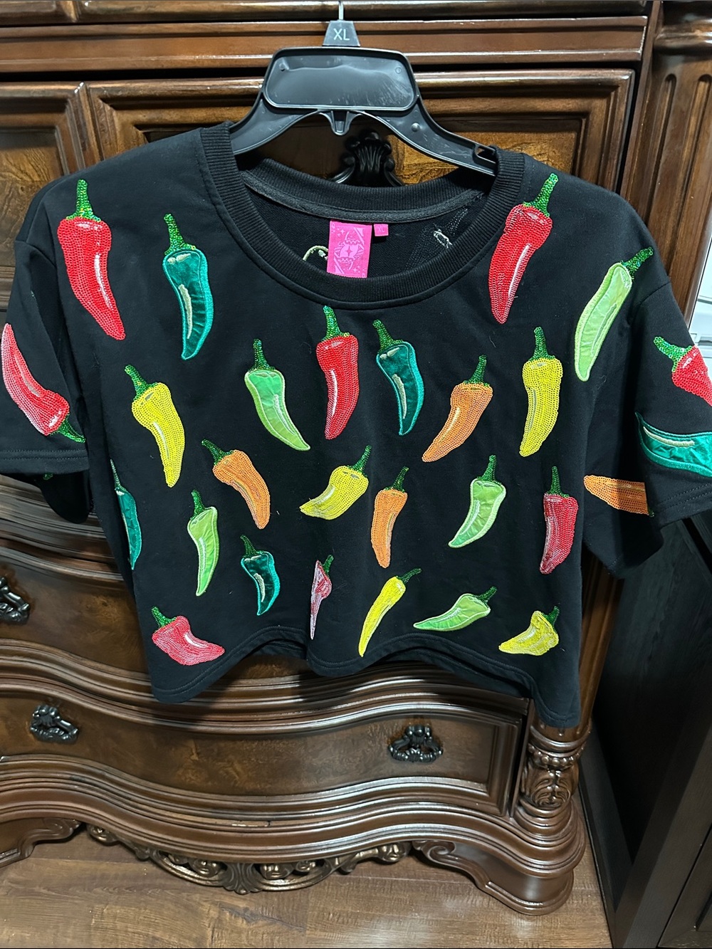 QUEEN OF SPARKLES Black Tee with Multicolor Embroidered Peppers